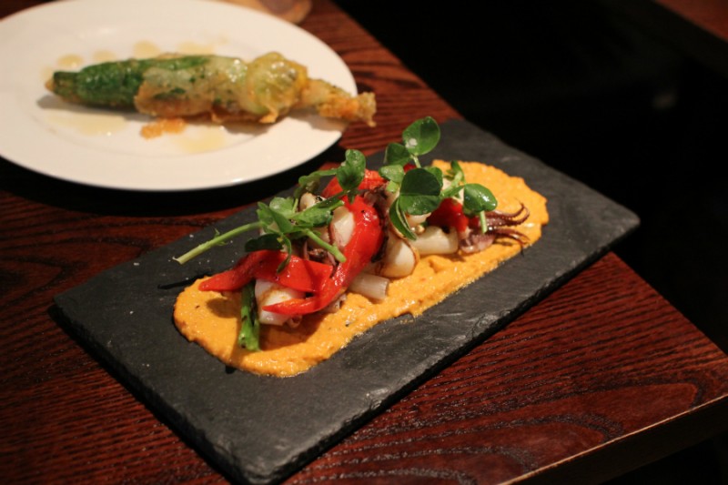 Chargrilled Baby Squid, Spring Onions, Piquillo and Romesco Sauce
