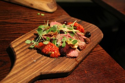 Grilled Underblade Fillet of Beef, Artichokes, Black Olive and Piquillo Salsa