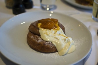 Raspberry and ricotta pancakes, roast apricots, creme fraiche