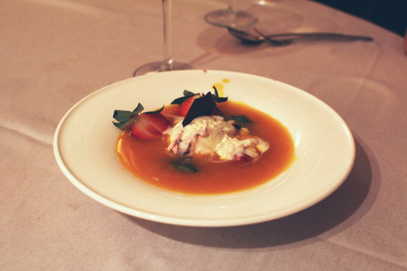 Passion Fruit Soup with Mango and Yoghurt Ice Cream Sprinkled with Mint